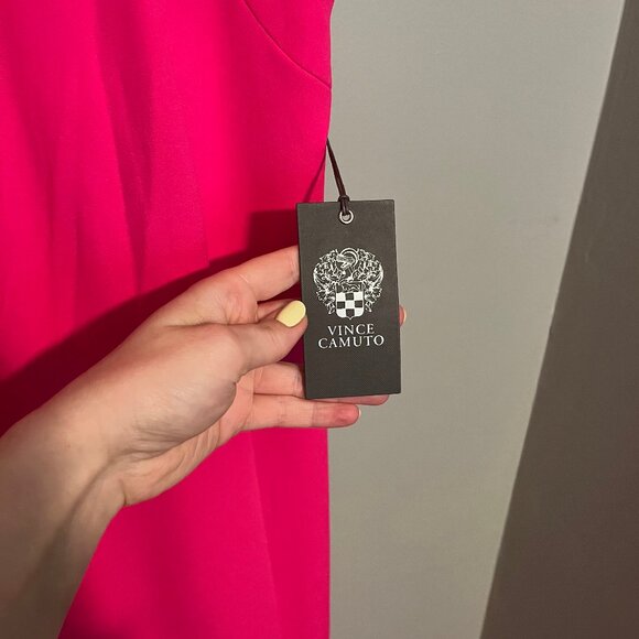 NWT Vince Camuto Hot Pink Halter Neck Sheath Cocktail Floor Length Dress - Picture 2 of 5